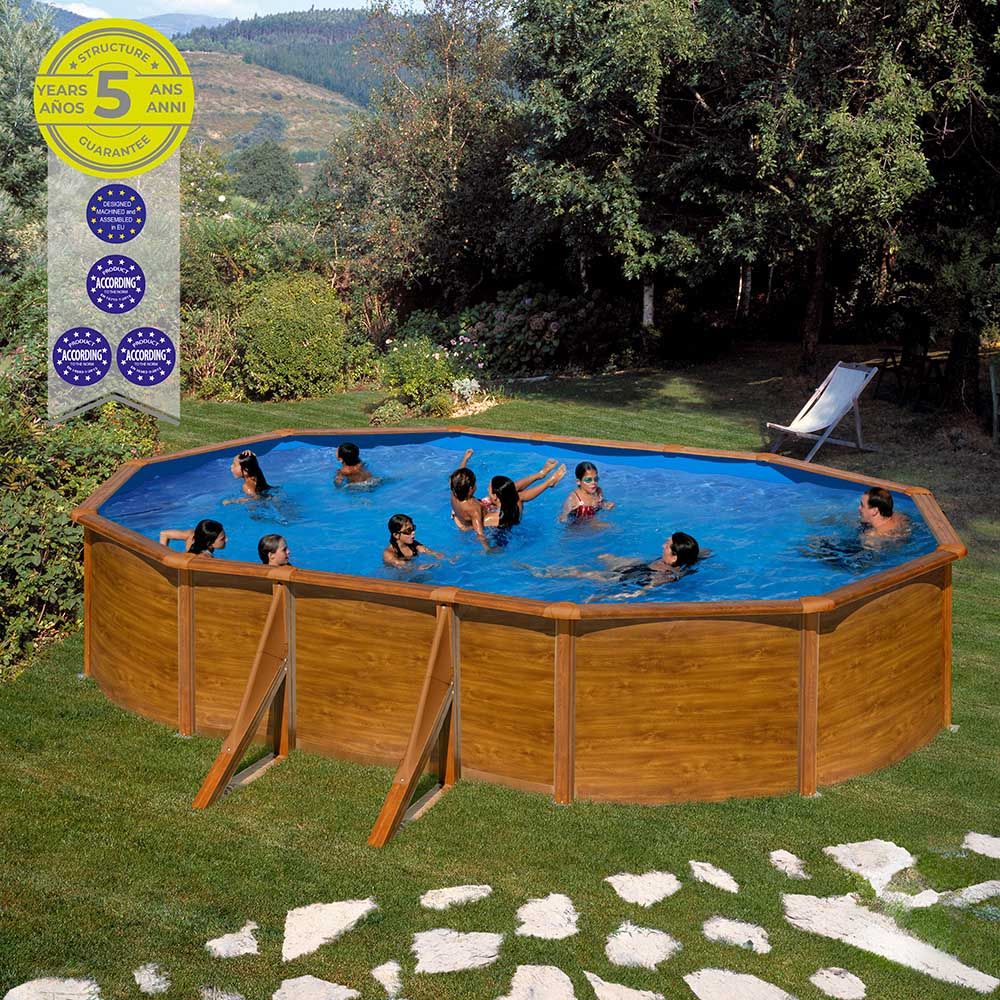 Piscina ovalada com paredes de aço e chapa imitação madeira 500x300x120cm kit500w gre