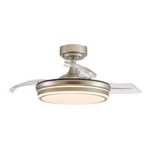Ventoinha de teto led 3 páss retráteis moss mini 46 w 5520 lm níquel, pás ø92 cm, aplique ø39 cm, altura 32 - 42 cm
