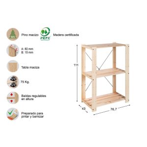Estante 3 prateleiras evolution 111x76,7x43cm pinho maciço astigarraga