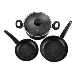 Conjunto 2 frigideiras + 1 panela, vivant, preta, alumínio, medidas: frigideiras ø20 / ø24 cm e panela ø24 cm