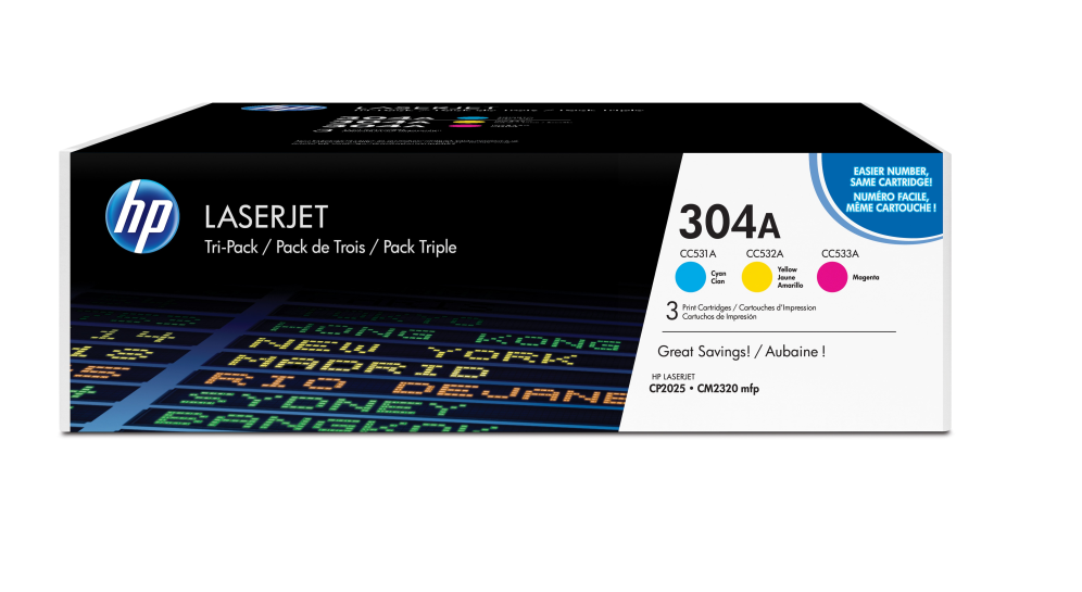 HP Pack de ahorro de 3 cartuchos de tóner original LaserJet 304A cian/magenta/amarillo