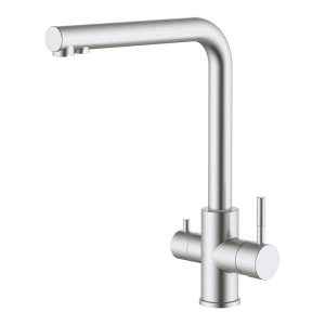 Torneira monocomando para lava-louça com sistema de osmose reversa, cano alto, aço inoxidável escovado, 3 vias.