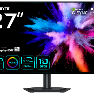 GIGABYTE GO27Q24G Monitor Gaming OLED 27” 2K QHD - 2560 x 1440, 240Hz, 0.03ms, 275 cd/m², FreeSync Premium, G-Sync Compatible, HDMI 2.1, DisplayPort 1.4